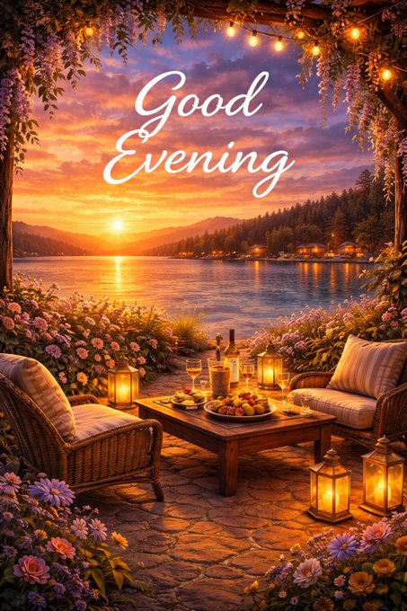A scenic 'Good Evening' greeting card depicting a lakeside patio at sunset with wicker chairs, a coffee table, lanterns, and flowers framing a tranquil water view.