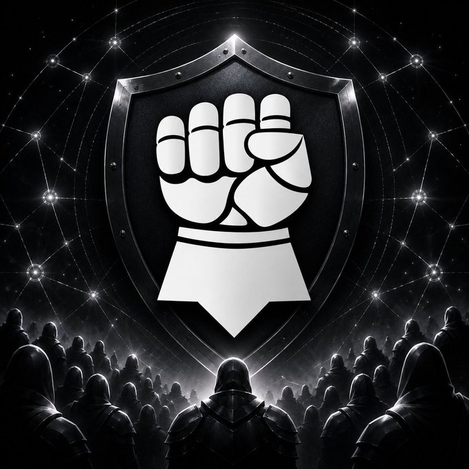 A dramatic black and white digital artwork featuring a large fist emblem on a shield, with an army of armored knights gathered below.