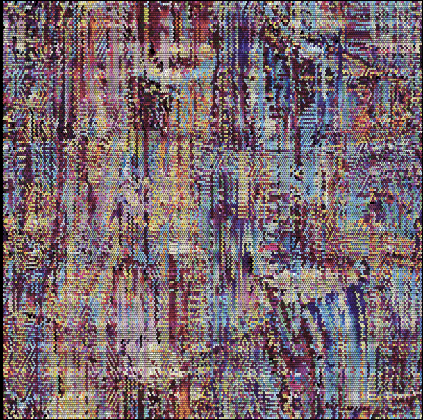 An abstract, highly textured digital artwork composed of dense, multicolored pixel-like elements in hues of purple, orange, yellow, and black, resembling glitch art or a complex woven pattern.