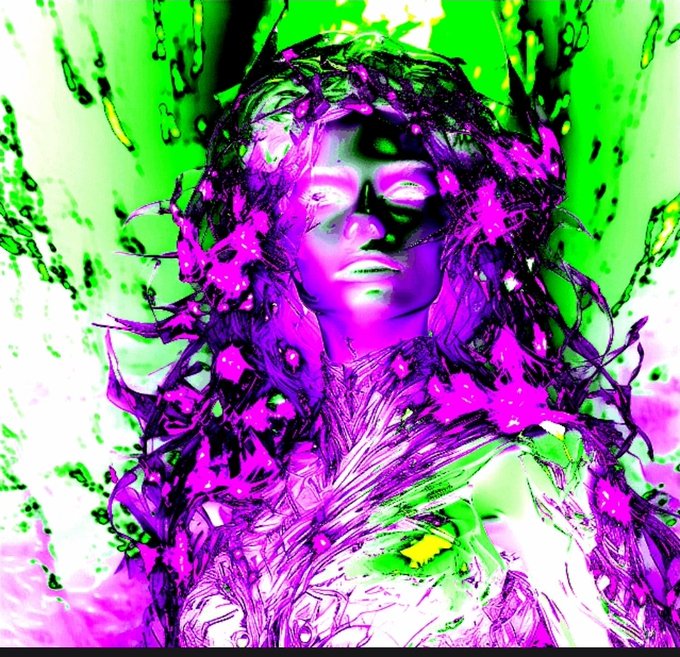 A surreal digital artwork featuring a woman's face rendered in glowing purple and green tones, surrounded by abstract, swirling liquid-like forms.