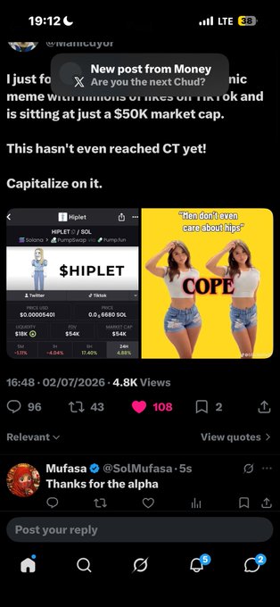 A mobile screenshot shows a post by @MiamiGuyJr on X celebrating a meme token $HIPLET, displaying its $50K market cap and 4.8K views, with a top comment by @SolMufasa saying "Thanks for the alpha." The accompanying caption "First win? Thank you" aligns with the celebratory tone of the post, highlighting gratitude for profitable crypto trading insights shared on the platform.