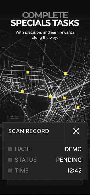 Screenshot of a mobile app titled "COMPLETE SPECIALS TASKS" displaying a dark map interface with yellow location markers and a "SCAN RECORD" panel showing HASH: DEMO, STATUS: PENDING, and TIME: 12:42.