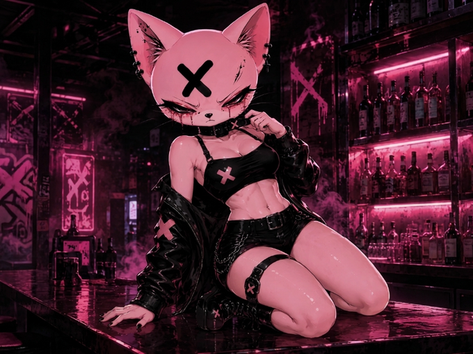 An anime-style illustration of a female cat character with an X-shaped eye patch, wearing black leather attire, in a pink-lit bar setting.