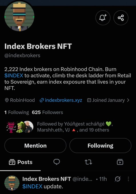 A Twitter/X profile page for 'Index Brokers NFT' (@indexbrokers) describing 2,222 Index brokers on Robinhood Chain, with 625 followers and posts about burning $INDEX tokens.