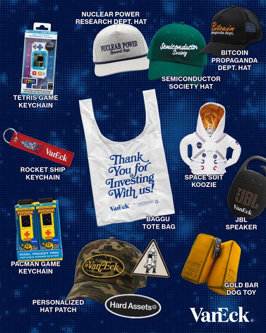 A promotional collage for VanEck merchandise and promotional items, featuring hats, keychains, a tote bag, koozie, JBL speaker, and dog toy, with text like 'Thank You for Investing With us!' and 'Hard Assets'.