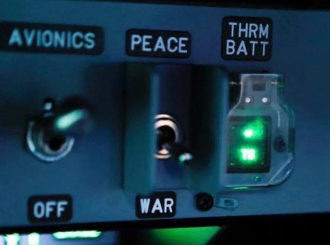 A control panel with toggle switches labeled 'AVIONICS' (set to OFF) and 'PEACE' (set to WAR) is shown next to a green-lit indicator marked 'THRM BATT'.