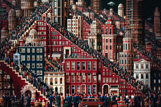 A complex, surreal digital artwork depicting a densely packed cityscape of red brick buildings filled with countless tiny people, featuring storefronts and a vintage car in the foreground.