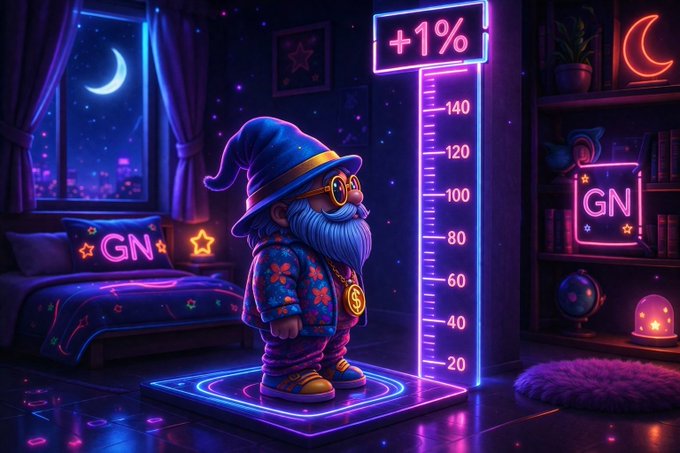 A neon-lit bedroom scene featuring a small bearded gnome in a purple robe standing on a glowing platform next to a tall meter reading '+1%', with neon 'GN' signs, a crescent moon window, and purple ambient lighting.