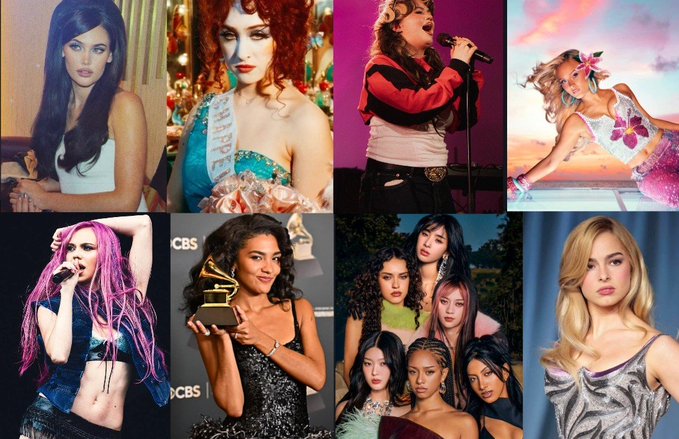 A collage of eight photos featuring various female pop singers, including Katy Perry, Chappell Roan, and Camila Cabello.