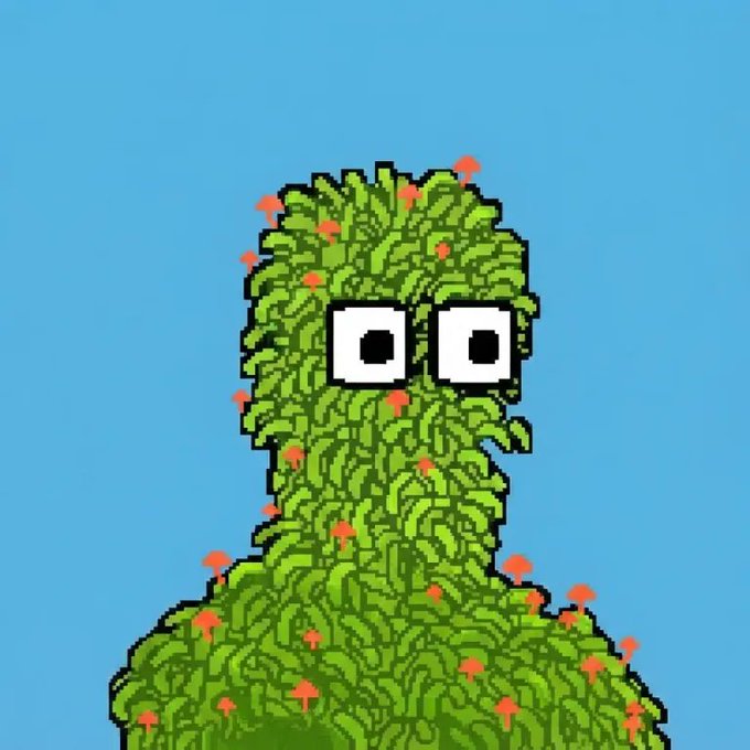A pixel-art green, leafy character with large eyes and red flowers appears against a blue background. The post promotes “GLOOMIES” launching soon on Robinhood and OpenSea for the first 100 wallets, using the character as the project’s mascot or NFT image.