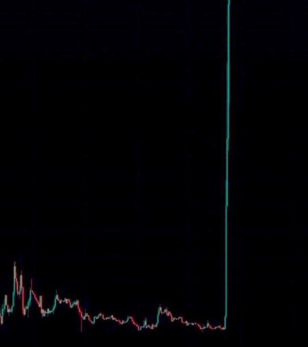 A trading chart displays a relatively flat price pattern in red and green candlesticks, followed by an extreme, near-vertical green spike shooting off the top of the screen, visually illustrating the post's boast of a massive, sudden gain. The image reinforces the author's hype about memecoin trading and promises of "100x" or "500x" returns promoted in the Telegram channel call to action.