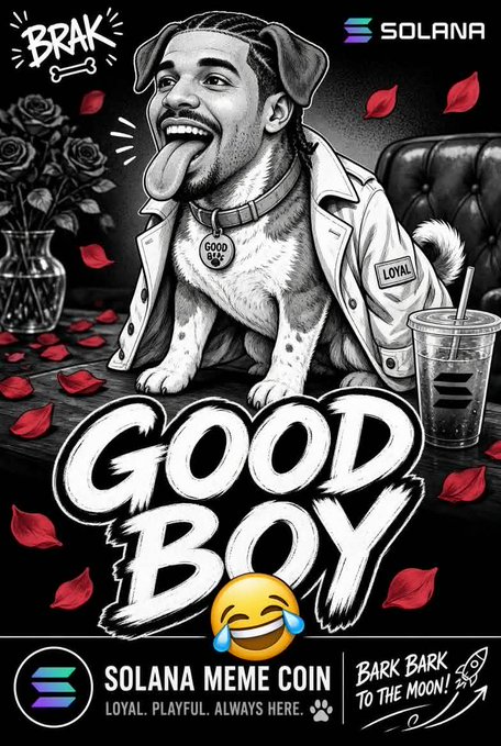 A stylized black-and-white illustration shows a hybrid Drake/dalmatian character sticking out his tongue, wearing a "Good Boy" tag and a "Loyal" patch, alongside the BRAK and Solana logos, with text reading "Good Boy," "Solana Meme Coin," and "Bark Bark to the Moon!"—matching the post's playful pitch of Drake as a faithful canine-themed meme coin on the Solana blockchain.