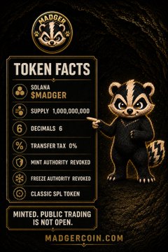 A promotional graphic for "MADGER" token (Solana) featuring a cartoon badger mascot, with text listing token facts including a supply of 1,000,000,000 and noting "MINTED, PUBLIC TRADING IS NOT OPEN" at madgercoin.com.
