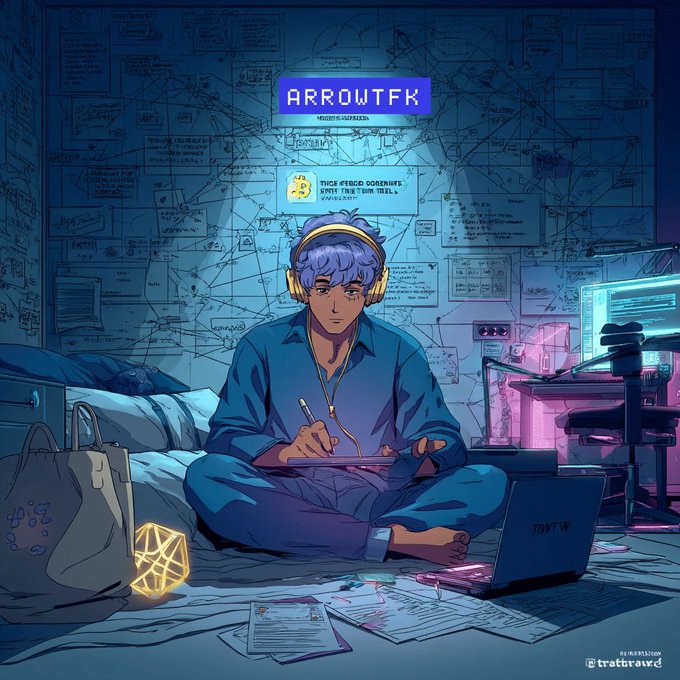 An anime-style illustration of a young man with blue hair and headphones working on a laptop in a room covered with notes, labeled "ARROWTFK" and "tretrawwd".