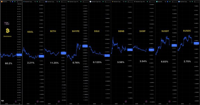 A cryptocurrency market dominance dashboard dated Aug 24th displays Bitcoin dominance at 60.2% alongside market caps and percentage values for major tokens including SOL (2.21%), ETH (11.25%), HYPE (0.76%), SUI (0.126%), BNB (3.56%), XRP (3.54%), USDT (6.83%), and USDC (2.75%) on TradingView charts.
