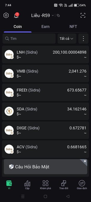 A mobile screenshot of the SidraChain (Sidra) wallet interface displaying the "Coin" tab with various token balances, including LNH (200,100.0004898), VMB (2,041.276), FREET (673.65677), SDA (34.162146), DIIGE (0.672781), and ACV (0.6681665). The image visually represents a user's SidraChain wallet holdings, likely shown in the context of the post about tokens being returned from Wallets 2 and 3 to external wallets on the SidraChain platform.