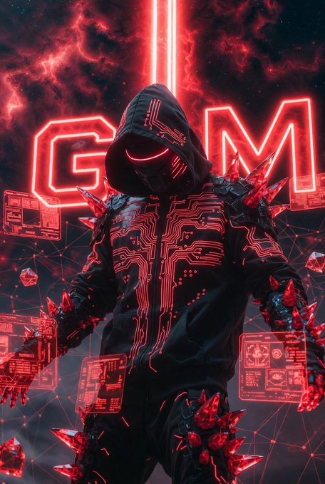 A futuristic, hooded figure covered in glowing red circuit patterns and crystal-like spikes, standing before large neon red letters spelling 'GAM'.