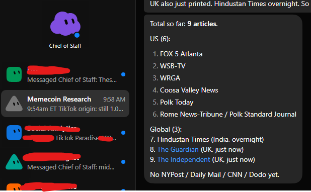 A screenshot showing a Discord conversation where the user "Chief of Staff" discusses tracking media coverage, with a bot compiling a list of 9 articles from outlets including FOX 5 Atlanta, WSB-TV, WRGA, Hindustan Times, The Guardian, and The Independent. This illustrates the post's point about using an automated bot ("grok bot") to sweep the internet for new information on narratives relevant to trades, automating due diligence research in real-time.