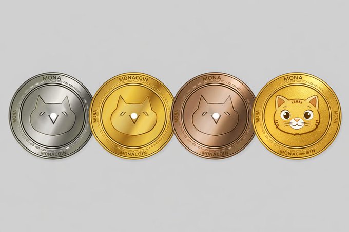 Four physical Monacoin (MONA) coins in silver, gold, copper, and gold finishes are displayed side by side, each featuring a stylized cat face design with "MONACOIN" and "MONA" text engraved around the edges. The image serves as a visual representation for a social media airdrop promotion, though it shows Monacoin imagery rather than the Solana ($SOL) airdrop referenced in the accompanying post.