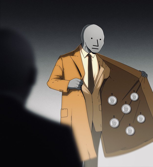 An illustration depicts a faceless figure in a tan trench coat opening it to reveal six pocket watches, each displaying the same featureless face with simple dot eyes and line features.