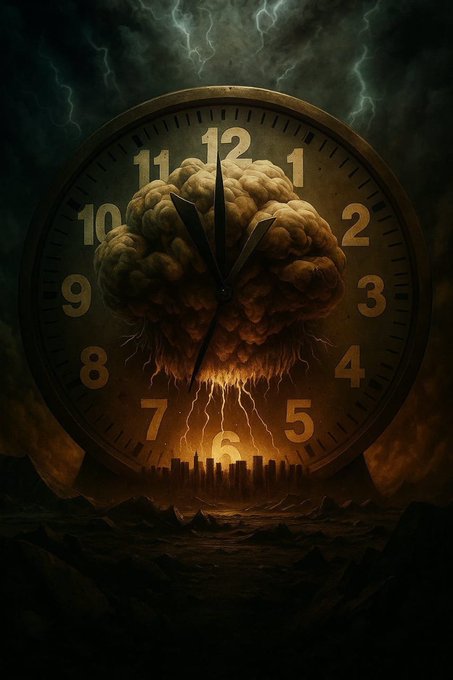A dramatic surreal illustration of a large clock with a brain-shaped cloud at its center, lightning bolts striking a cityscape below, set against a dark, stormy sky.
