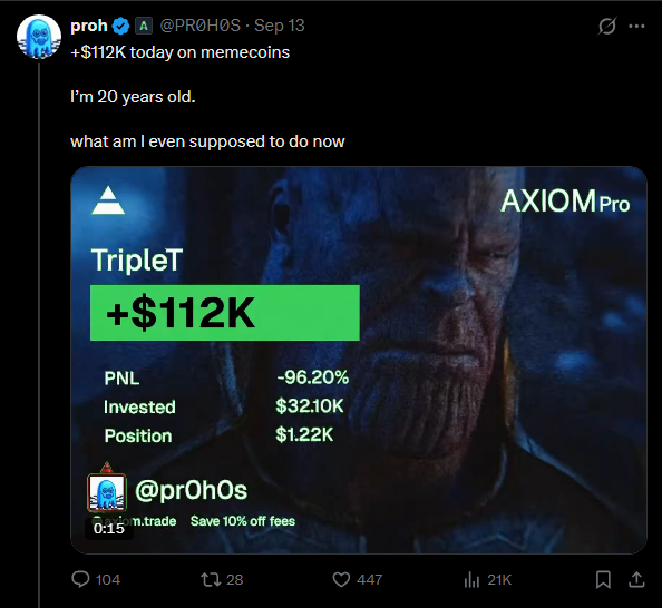 A tweet from user @prOh0s shows a screenshot of an AXIOM Pro trading dashboard displaying a TripleT position with a +$112K gain, set against an image of Thanos. The accompanying post mocks the screenshot as "the worst larp PnL," implying the displayed profit is fabricated or exaggerated, especially given the -96.20% PNL shown alongside the claimed $112K gain.
