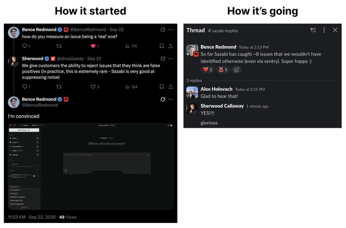 A side-by-side comparison titled 'How it started' and 'How it's going' showing tweets from Bence Redmond (@BenceRedmond) and Sherwood Callaway (@sazalaway) discussing Sazabi as a 'year one' coding tool.