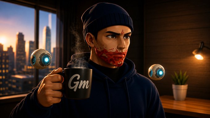 A 3D-rendered digital character wearing a beanie, a red patterned face covering, and a dark hoodie holds a black mug labeled "Gm" (Good morning), accompanied by two small floating robots, with a city skyline visible through the window at sunrise.