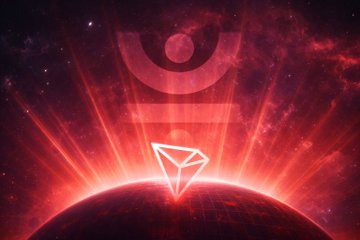 A red-toned digital graphic featuring a glowing diamond shape above a planet, with the TRON (TRX) logo faintly visible in the background.