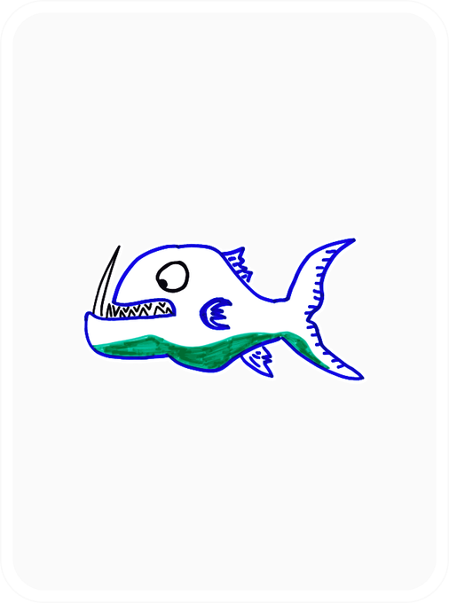 A hand-drawn illustration of a blue fish or shark-like creature with sharp teeth and a green belly on a white background.