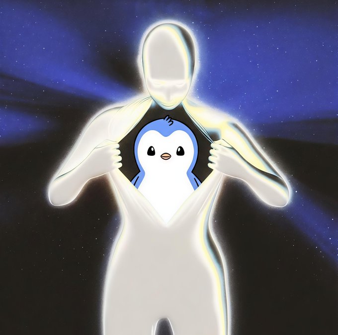 A white featureless figure rips open its chest to reveal a small blue and white penguin against a starry blue cosmic background.
