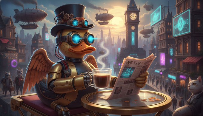 The image features a cartoon duck sitting at a table with a cup of coffee, reading a newspaper while wearing a top hat and goggles. The background shows an urban cityscape filled with buildings and flying balloons, creating a whimsical atmosphere. The caption above the image reads "Good Morning Quackers Most protocols let revenue slip through the cracks every Monday @wallchain captures that wasted energy and turns it into growth. Execution is everything. Efficiency wins the week."