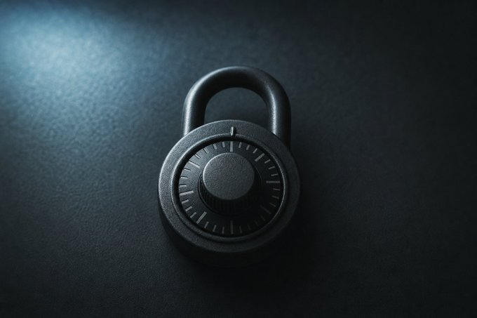 A matte black combination padlock with numbered tick indices sits on a dark surface, symbolizing the locked, unconfirmed state of freshly received XMR funds. The locked dial visually represents the 10-block maturity delay required before Monero outputs become spendable.