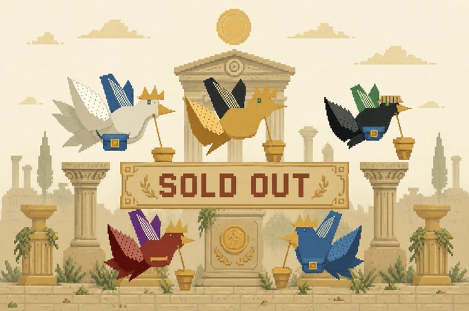 A pixel-art scene shows five crowned delivery birds (white, tan, black, red, and blue) flying around a temple-like structure with a prominent "SOLD OUT" banner, illustrating the rapid sell-out of the Cash Delivery Birds NFT mint tied to the $CASHBIRD token. The medieval-inspired setting and "sold out" sign reinforce the post's message that the mint filled up quickly and that holders can now move on to the staking phase to start earning rewards.