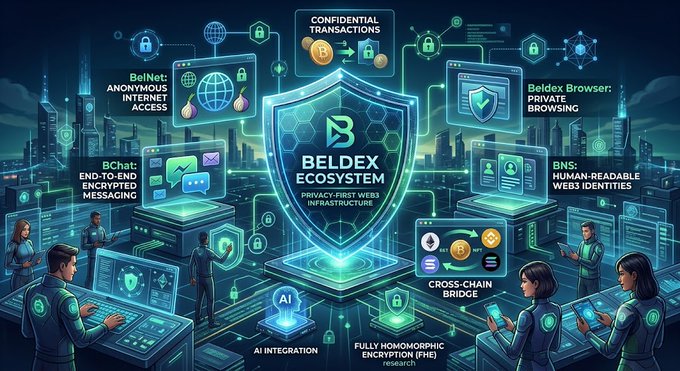 An infographic illustrates the Beldex Ecosystem, highlighting features like BelNet, Beldex Browser, BChat, BNS, and cross-chain bridges with the text "Privacy-First Web3 Infrastructure."