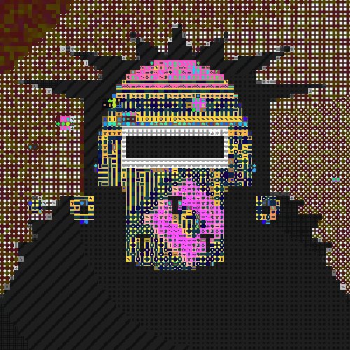 A pixelated digital artwork depicts a character wearing a yellow and pink helmet with glowing yellow eyes against a halftone-patterned background.