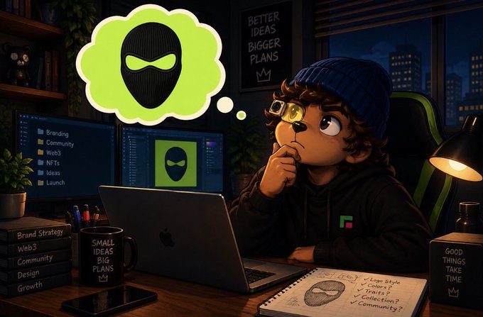 A 3D-style cartoon illustration of a young boy with glasses and a blue beanie thinking at a computer desk, with a thought bubble showing a green alien/mask logo and a 'BETTER IDEAS BIGGER PLANS' chalkboard.