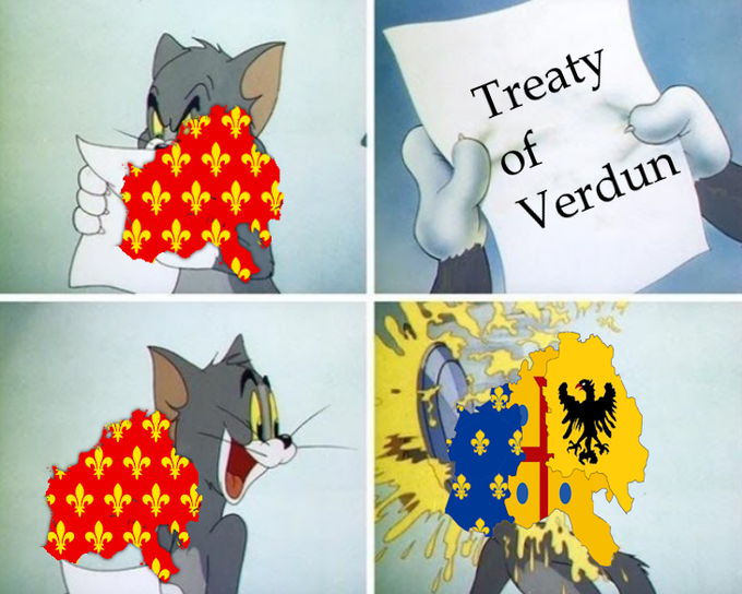 The image shows four cartoon scenes depicting different aspects of the Treaty of Verdun, with a cat wearing a red and yellow striped shirt holding a piece of paper that says "Treaty of Verdun" written on it. The cat appears to be in various positions within each scene, such as sitting or standing, while the text is prominently displayed. The post also includes an explanation about the wild part being chasing volume, which could be interpreted as a metaphor for how certain individuals or groups may try to gain power and influence over others by spreading their ideas or influence through media coverage or other means.