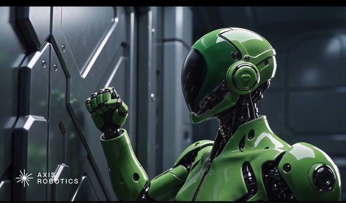 A futuristic green robotic figure with a helmet is shown in a metallic room, with the 'AXIS ROBOTICS' logo in the bottom left corner.