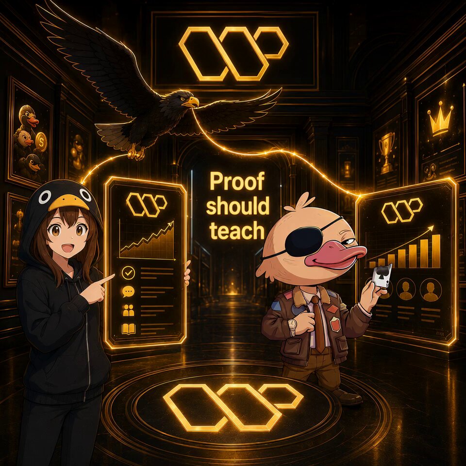 The image features a girl wearing a black hoodie with an owl design and another person dressed as a duck holding a cell phone. They are standing next to each other against a backdrop of yellow hexagons, which could be interpreted as a digital art piece or a logo for a company named "@wallchain". The text in the image reads: "proof should teach", suggesting that they are discussing and sharing ideas about the concept of proof.