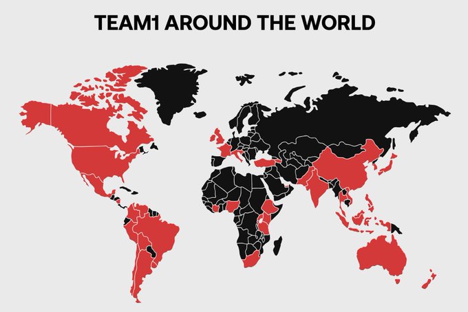 The image displays a world map titled "TEAM1 AROUND THE WORLD," with countries highlighted in red across multiple continents including North America, South America, Europe, Asia, Africa, and Australia. The map visually represents the global reach and widespread presence of Team1 (associated with $AVAX), aligning with the post's enthusiasm about Team1's worldwide momentum as $AVAX approaches its all-time high.