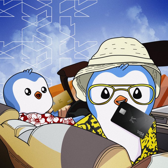 An illustration featuring two cartoon penguins in tropical vacation attire, with one wearing a sun hat and yellow glasses, alongside a Visa card advertisement.