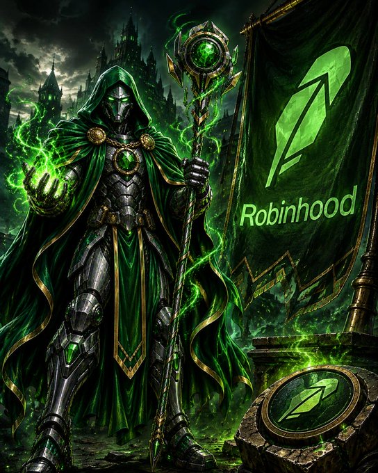 A dark armored warrior wielding a glowing green staff stands beside a 'Robinhood' banner in a fantasy landscape.