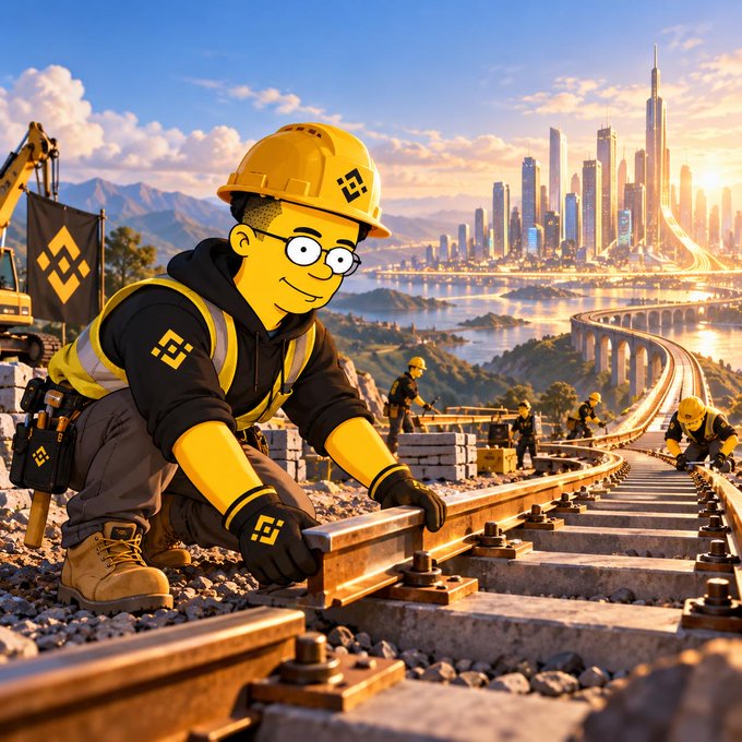A cartoon-style illustration of a yellow construction worker character wearing a hard hat and safety vest, working on railroad tracks with a city skyline and other workers visible in the background.