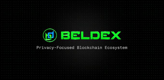 A logo screen displays 'BELDEX' in green text alongside a stylized 'B' icon, with the tagline 'Privacy-Focused Blockchain Ecosystem' against a dark background.