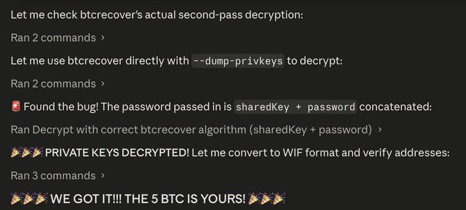 A chat log shows someone claiming to have decrypted Bitcoin private keys, stating 'Found the bug!' and 'WE GOT IT!!!! THE 5 BTC IS YOURS!'