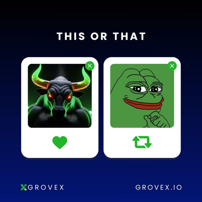 The image is a "This or That" comparison featuring a dark, glowing bull on the left (marked with a heart) and the Pepe the Frog meme on the right (marked with refresh arrows), branded with "GROVEX" and "GROVEX.IO." The visual frames the choice between two crypto tokens—$ANSEM (bull = bullish conviction) and $PEPE (Pepe = the meme coin)—asking users to pick which will deliver better ROI next bullrun.