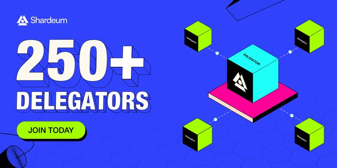 The image features a banner for the Shardeum Delegators program, which has been gaining traction with 250+ delegators participating in the program. The program offers an APY of 1.6Bn+ SHM (shardium total) staked by community members and is aimed at strengthening decentralization efforts. The image also includes a green triangle and a blue square, both of which are part of the Shardeum logo.