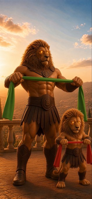 A fantasy artwork depicting two muscular anthropomorphic lions with glowing eyes wearing gladiator-style armor and belts with 'B' symbols, holding green and red cloth strips.