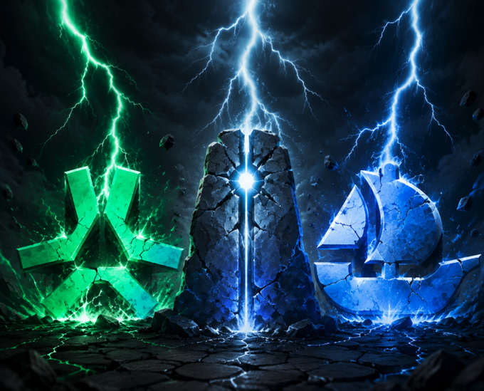 The image shows three illuminated logos—the Xbox symbol glowing green on the left, a cracked stone pillar with blue lightning in the center, and the PlayStation symbol glowing blue on the right—all set against a stormy sky with forks of lightning, with no text or numbers visible. The accompanying post criticizes the crypto market as a "casino" dominated by token-issuing groups and rug pulls, and while the image features Xbox and PlayStation rather than crypto brands, the cracked pillar and chaotic lightning visually evoke destruction and instability, mirroring the post's theme of a collapsing, exploitative market.
